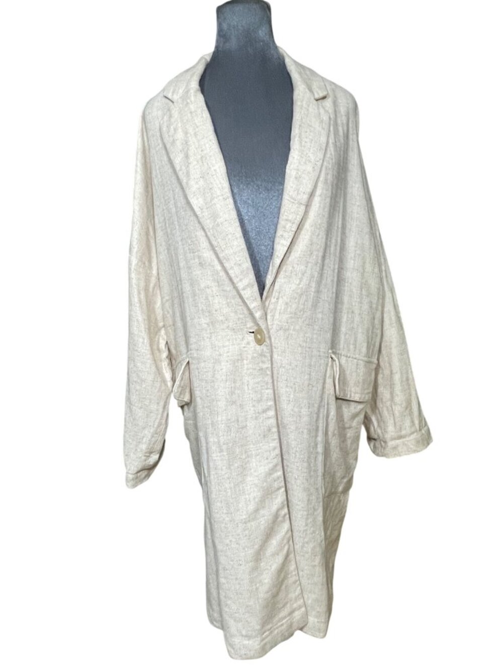 Oversized Zara Beige Linen Blend Single-Button Womens Blazer Coat With Pockets S